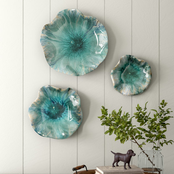 Porcelain Flower Wall Art, Beige, Turquoise, Blue and Gold , Set Of Three Ceramic discount Wall Hanging Plates, Hanging Wall Art